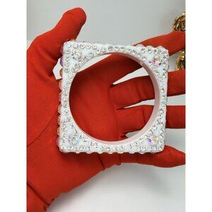 Bold Square White Lucite AB Rhinestone Bangle Bracelet Size 8 Statement